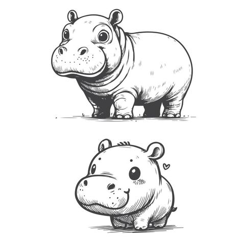 Adorable Hand Drawn Hippo Illustration Hippo Drawing Simple, Cute Hippo Drawing, Hippo Doodle, Hippo Illustration, Hippopotamus Character Design, Hippo Illustration Character Design, Hippo Drawing, Farm Logo, Logo Banners