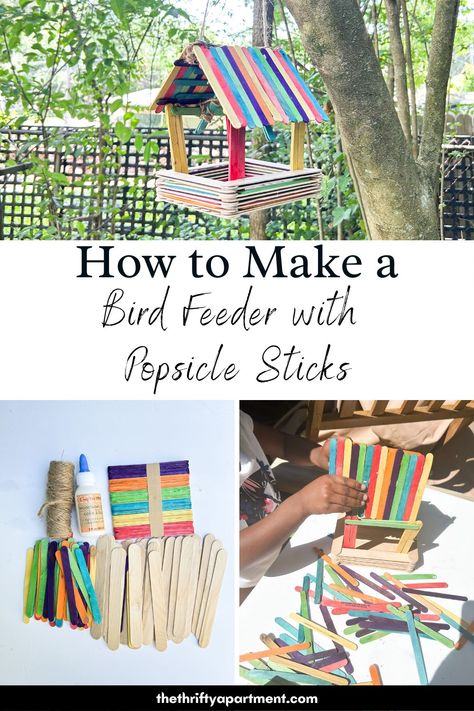 The easiest way to make a bird feeder with the kids using popsicle sticks.Inexpensive project to keep the kids entertained and bird watching. #kidsproject #birdfeeder #outdoorideas #outdoorprojects #backyardideas #diy #diyideas #diyprojects Bird Houses Popsicle Sticks, Home Made Bird Feeders For Kids, Recycled Bird Feeders For Kids, Diy Kids Bird Feeder, Birdfeeder Craft For Kids, Birdhouse Crafts For Kids, Homemade Bird Feeders For Kids, Kids Bird Feeder Crafts, Preschool Bird Feeders