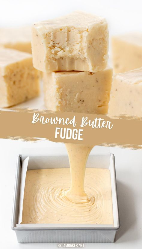 one image shows two pieces of fudge, one on top of the other and the top one has a bite out of it. The second shows the fudge in a liquid state being poured into a parchment lined pan. Vanilla Bean Fudge, Vanilla Nut Fudge Recipes, Salted Fudge Recipe, Old Fashioned Brown Sugar Fudge, Thanksgiving Fudge Ideas, Brown Butter Fudge, Peanut Butter Fudge Old Fashioned, Fall Fudge Recipes Easy, Pineapple Fudge Recipe