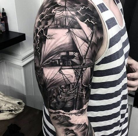 Guys Full Sleeve Realistic Tattoo Of Ship With Majestic White Sails Hammerhead Tattoo, Marine Tattoos, Ship Tattoo Sleeves, Sailing Tattoo, Nautical Sleeve, Ship Tattoos, Pirate Ship Tattoo, Nautical Tattoo Sleeve, Navy Tattoos