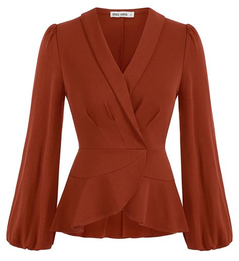 PRICES MAY VARY. 【Unique Feature】This womens formal Top features shawl collar, wrap v neck, long lantern sleeves with elastic cuffs, solid color, slim fit, irregular wrap hem, peplum tops, brings a novel and chic look. Stretchy material makes it suitable for various body types. 【Elegant Tops】Stylish and elegant peplum tops for women show women's sexy waist line and curve. Stretchy fabric makes it a comfortable top layer for transition weather. 【Multi Occasions】This womens wrap top absolutely is Formal Tops For Women, Womens Peplum Tops, Formal Top, Tops Stylish, Office Top, Elegant Tops, Long Sleeve Wrap Top, Peplum Tops, Dressy Shirts