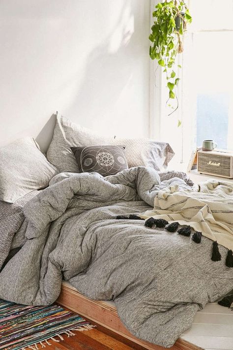 This jersey comforter that feels like a soft tee for your entire body—$169 | 19 Insanely Cozy Accessories That Will Make You Never Want To Leave Your Bed: Unmade Bed, Boho Dorm Room, Boho Dorm, Blankets And Pillows, Decor Ikea, Dream Bedroom, Cozy Bed, My New Room, Apartment Therapy