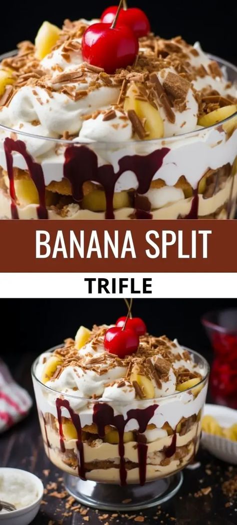 Banana Split Trifle No Bake Chocolate Banana Split Trifle, Banana Trifle Desserts, Banana Split Trifle, Triffle Recipe, Banana Trifle, Banana Split Dessert Recipes, Trifle Recipes Easy, Banana Split Cake, Banana Split Dessert