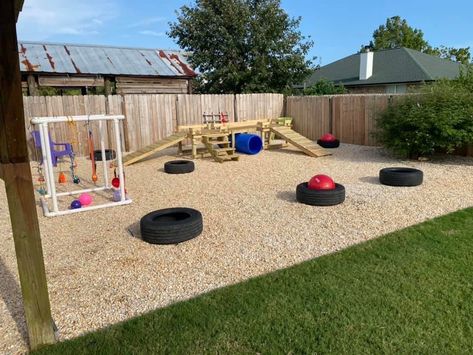 Puppy Playground Backyard Diy, Outdoor Play Area For Dogs, Diy Dog Play Area, Puppy Playground Diy, Dog Park Backyard, Dog Digging Area, Diy Dog Areas In Backyard, Doggie Playground, Dog Daycare Ideas