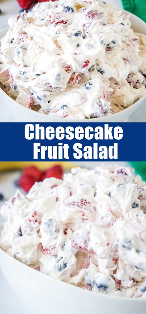 Cheesecake fruit salad is a cool and creamy side dish that doubles as dessert! Made with cream cheese, whipped topping, and fresh fruit. #cheesecake #fruitsalad #summer Fruit Salad Recipe With Cream Cheese, Fruit Salad With Cream Cheese And Cool Whip, Cheesecake Fruit Dip With Pudding, Millionaire Fruit Salad, Whipped Fruit Salad, Cream Cheese Fruit Dessert Recipes, Cream Cheese And Fruit Desserts, Fruit Desserts Ideas, Fun Side Salads