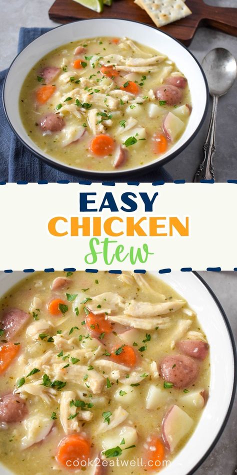 Try a bowl of homemade chicken stew! A comforting and satisfying meal for any time of the year. Chicken Stew Cozy Cook, Cozy Cook Chicken Stew, Chicken And Potato Stew Crock Pot, Chicken Stew With Leftover Chicken, Homemade Chicken Stew Recipe, Chicken Stew Creamy, Chicken Stew With Rotisserie Chicken, Chicken Stew Dutch Oven Recipes, Stovetop Chicken Stew