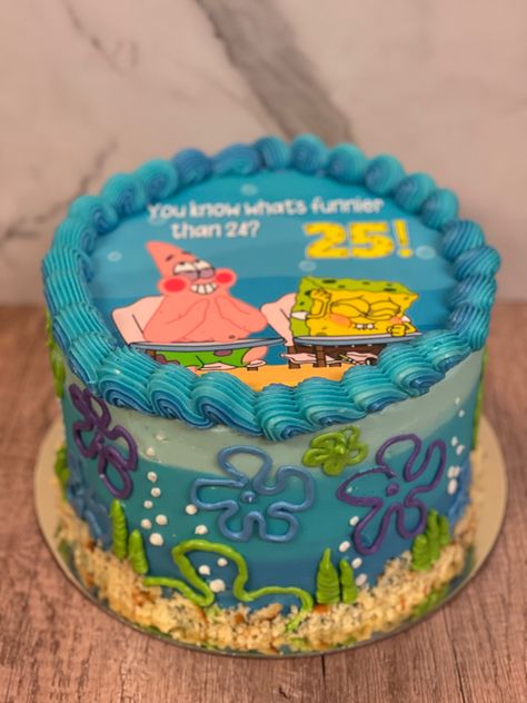 Small Spongebob Cake, Round Spongebob Cake, Spongebob 25th Birthday Party Cake, Spongebob Birthday Party 25 Cake, What’s Funnier Spongebob Cake, Squidward Cake, Sponge Bob Cakes, Spongebob Cake 25, Spongebob And Patrick Cake