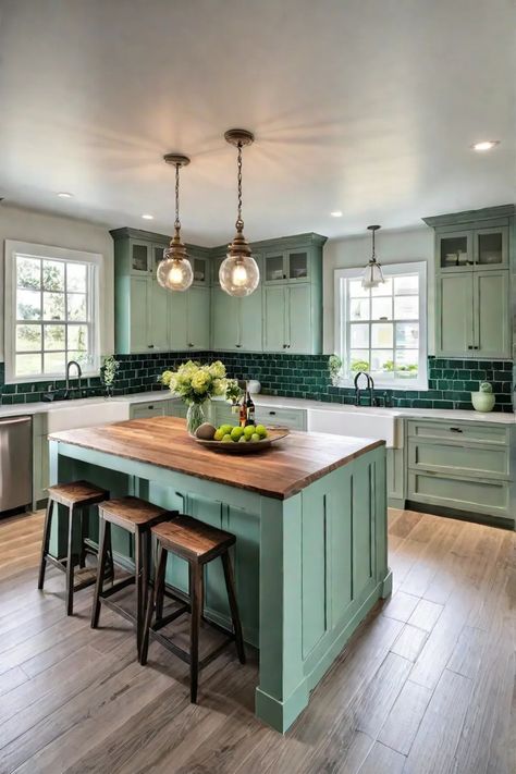 A tranquil coastal kitchen with soft green shakerstyle cabinets a classic subway Beach Cabinets Kitchen, Light Blue Green Kitchen, Mint Color Kitchen, Sea Foam Kitchen, Green And Blue Kitchen, Blue And Green Kitchen, Turquoise Kitchen Cabinets, Hawaii Kitchen, Seaside Kitchen