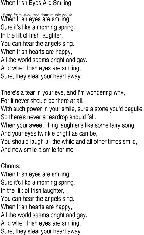 Irish eyes are smiling lyrics Smile Lyrics, Lullaby Lyrics, Irish Humor, Smile Song, Song Singing, Irish Sayings, Irish Songs, Irish Blessings, Irish Eyes Are Smiling