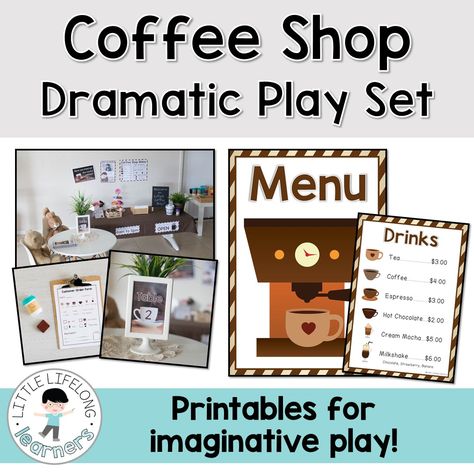 Coffee Shop dramatic play packet | Imaginative play printables for the early years classroom | Role-play area for the Prep, Foundation, Kindergarten and Preschool room | Homeschooling play ideas | Aistear Ideas, Coffee Shop Dramatic Play, Classroom Cafe, Play Printables, Dramatic Play Themes, Dramatic Play Printables, Preschool Room, Role Play Areas, Play Corner