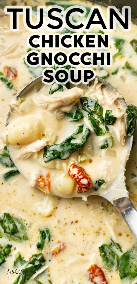 closeup of a ladle with soup and text overlay that reads tuscan chicken gnocchi soup Tuscan Chicken Gnocchi Soup, Tuscan Chicken Gnocchi, Chicken An Gnocchi Soup, Creamy Tuscan Chicken Gnocchi, Chicken Gnocchi Recipes Soup, Creamy Tuscan Chicken With Gnocchi, Crock Pot Chicken And Gnocci, Soup Recipes Chicken Gnocchi, Chicken Kale Gnocchi Soup