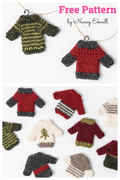 Holiday Cheer Mini Sweater Free Knitting Pattern Mini Christmas Jumper Knitting Pattern Free, Mini Crochet Sweater Ornaments, Mini Sweater Pattern, Mini Sweater Knitting Pattern, Christmas Knitting Patterns Free Jumpers, Knit Snowman Pattern Free, Miniature Knitting Patterns Free, Yarnspirations Patterns Free, Sweater Christmas Ornaments