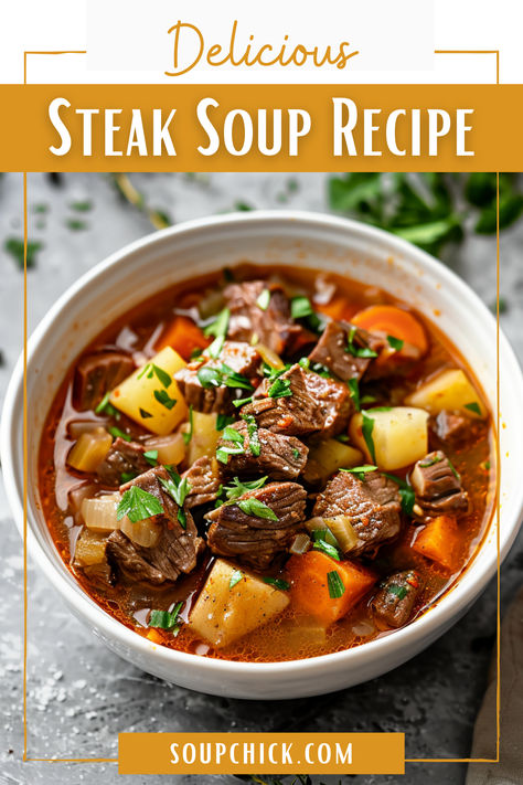 One-Pot Steak Soup Recipe Steak And Potato Stew, Steak And Potato Soup Stovetop, Steak And Potato Soup Recipes, Skirt Steak Soup Recipes, Steak Vegetable Soup, Crockpot Steak Soup, Beef Tip Soup Recipes, Tritip Soup Recipes, Flank Steak Soup