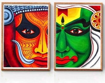 Traditional Art Indian, South Indian Drawing, Kathakali Painting On Canvas, Onam Painting, Kathakali Mural, Theyyam Drawing, Indian Painting Ideas, Theyyam Illustration, Kerala Mural Painting On Canvas