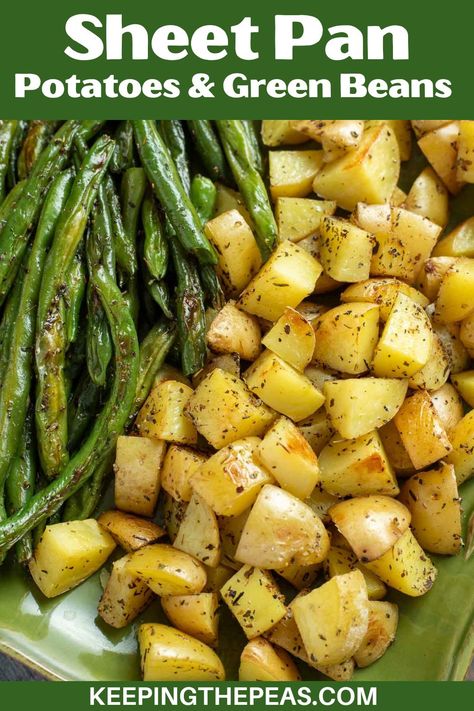 Roasted sheet pan potatoes and green beans are delicately seasoned with herbs and tossed in olive oil for an easy side dish in 30 minutes! Green Beans In Oven, Sheet Pan Potatoes, Pan Green Beans, Pan Potatoes, Oven Green Beans, Easy Roasted Potatoes, Best Roast Potatoes, Potatoes And Green Beans, Protein Vegetarian