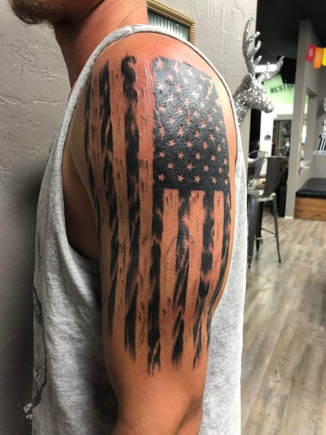 Shoulder Flag Tattoo, Tat Sleeve Men, Mens American Flag Tattoo Shoulder, Dirt Track Racing Tattoos, Patriotic Arm Tattoos For Guys, Country Tattoo Sleeve Men, Flag Sleeve Tattoo For Men, Police Flag Tattoo, Country Sleeve Tattoos For Guys