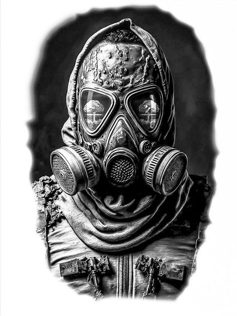 Good Vs Evil Chest Tattoo Men Ideas, Gas Mask Tattoo Design, Gasmask Tattoo, Gas Mask Tattoo, Darkside Tattoo, Female Warrior Tattoo, Gas Mask Art, Full Tattoo, Realistic Tattoo Sleeve