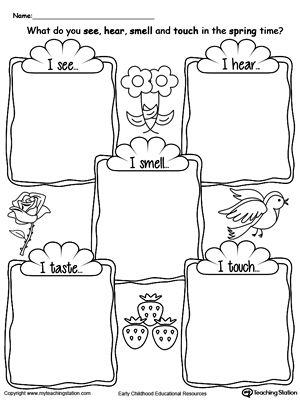 **FREE** The Five Senses in the Sprint Time Worksheet. Use the five senses in the spring time printable worksheet to encourage your child to explore the 5 senses by describing what they hear, see, touch, taste and smell during the spring time. Five Senses Kindergarten, 5 Senses Worksheet, Five Senses Worksheet, Five Senses Preschool, Preschool Activity Sheets, Senses Preschool, Spring Worksheet, My Five Senses, Senses Activities