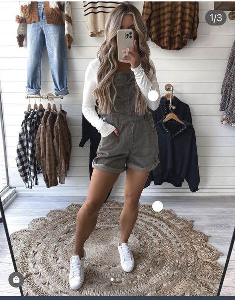 Overall Shorts Outfit Fall, Overalls Outfit Long, Short Overalls Outfit, Overall Shorts Outfit, Fall Overalls, Olive Romper, Romper Fall, Long Sleeve Outfit, Overall Outfit