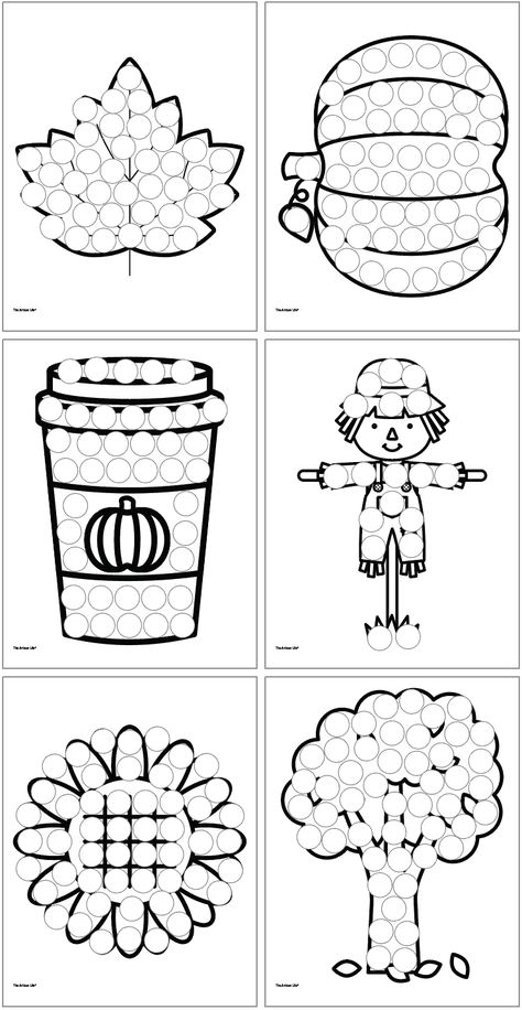 These free printable dot marker coloring pages for fall are so much fun! Dot it pages are a no-prep fine motor activity for toddlers and preschoolers. Get your free dot painting pages today! Montessori, Pre K Dot Marker Activities, Fall Dot Art Printables, Paint Dot Activities, Dot Art Worksheets, Scarecrow Activity Preschool, Fall Qtip Painting, Fall Themed Fine Motor Activities, Bingo Dotter Printables