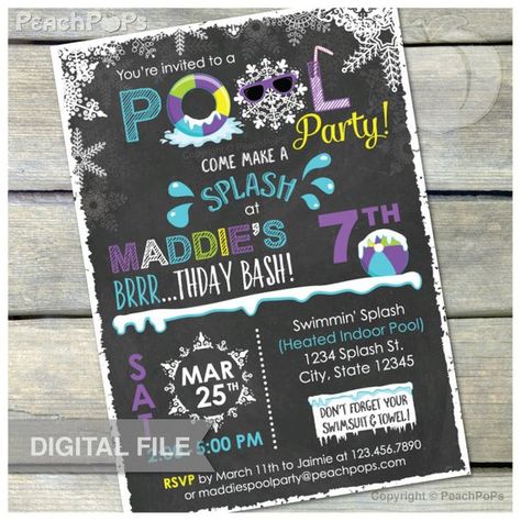 Indoor Pool Party, Teen Pool Parties, Teen Beach Party, Cat Bday, Winter Pool, Party Chalkboard, Teenage Birthday Party, Pool Party Birthday Invitations, Daughters Birthday