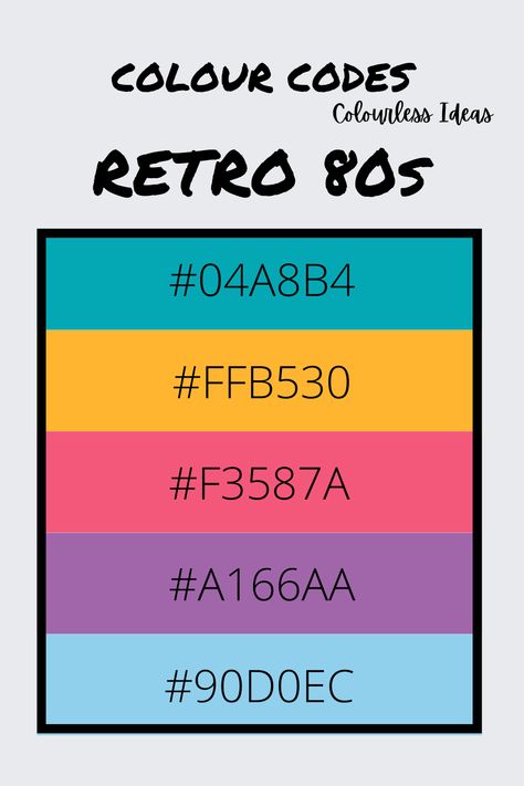 Follow for more colour palettes Skater Color Palette, Retro Colours Palette, Psycadelic Colour Palette, 80s Aesthetic Graphic Design, Retro Color Palette Hex Codes, 1980s Color Palette, 80s Color Palette Retro, Punk Rock Color Palette, Graffiti Color Palette