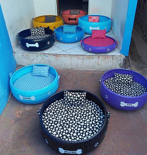 Amarildo Silva Filho makes upcycled tire beds for strays and shelter animals. Each tire cat bed and tire dog bed offers the animals a cozy place to curl up. Kursi Ban, Tired Animals, Dog Bed Frame, Wood Dog Bed, Raised Dog Beds, Pallet Dog Beds, Diy Pet Bed, Cozy Beds, Elevated Dog Bed