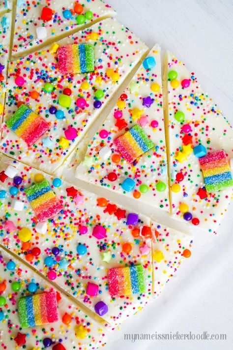 Candy Rainbow Bark | Recipe By My Name Is Snickerdoodle 10th Birthday Food Ideas, Cheer Dessert Ideas, Rainbow Disco Birthday Party, Rainbow Party Snacks, Rainbow Disco Party, Rainbow Party Food Ideas, Cheer Birthday Party Ideas, Candy Themed Birthday Party Ideas, Rainbow High Party