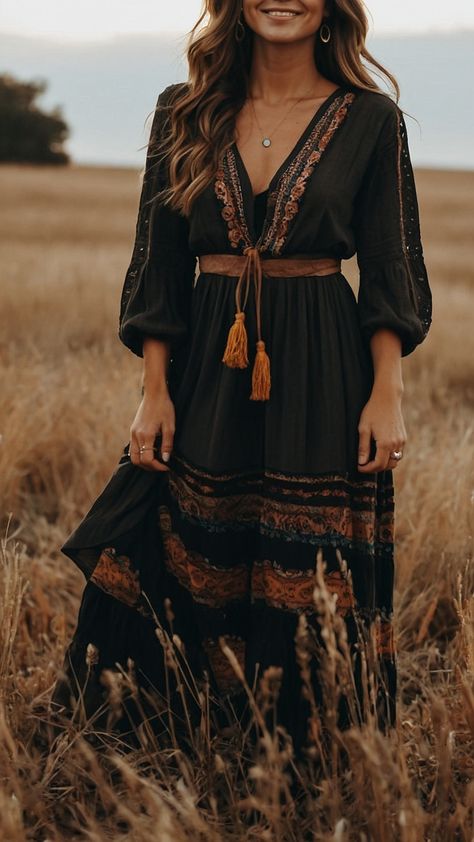 Get ready for fall with this boho-inspired outfit idea Embrace your inner hippie with a modern Western twist in this casual midsize look for 2024 The witchy size cut brings a cute and edgy vibe perfect for women seeking inspiration Explore dark hippie bohemian style trends for 2023 with this unique ensemble Dark Boho Style Outfits, Curvy Boho Outfits, Boho Witchy Outfits, Dark Boho Outfits, Hippie Boho Outfits, Dark Hippie, Curvy Boho, Boho Fall Outfits, Edgy Boho