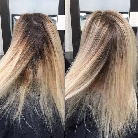 Blended blonde  . . . Babylights & foilagye mixed with @brazilianbondbuilder  Root shadow & gloss @redken . . . #hairbykimjette #babylights #foilayage #foilage #beforeandafter #colorcorrection #hairoftheday #hairinstagram #blonde #diamondpaintbalayage #rootshadow High Lift Hair Color, Blended Blonde, Lob Bob, Blonde Babylights, Root Shadow, Hair Colouring, Mom Hair, Icy Blonde Hair, Hair Color Caramel