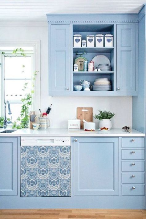 Kitchen wallpaper on dishwasher door Kitchen With Blue Cabinets, Blue Kitchen Designs, Green Kitchen Decor, Blue Cabinets, Upcycled Home Decor, Kitchen Cabinet Colors, Kitchen Wallpaper, Blue Kitchens, Kitchen Redo