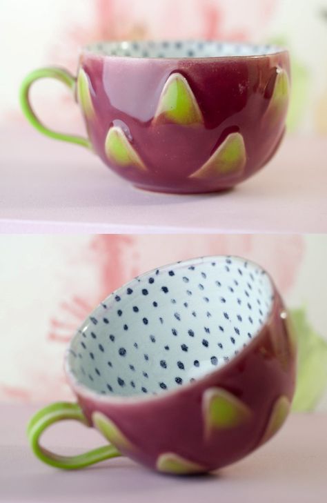 Dragon Fruit and Lemon MugsCeramics By Elvira on Etsy - ceramics,design,fruit,mugs,etsy Dragon Fruit Ceramic, Fruit Ceramic Mug, Fruit Pottery Painting, Clay Bowl Designs, Fruit Ceramics, Ceramic Bowl Ideas, Ceramic Design Ideas, Dragon Ceramics, Fruit Pottery