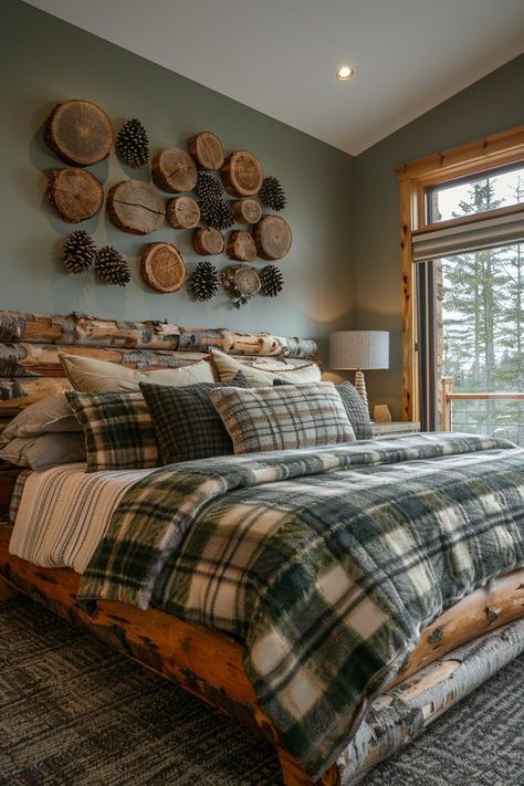 Green And Wood House Interior, Forest Theme Guest Room, Dark Green Guest Room, Woodland Cabin Interior, Green Cabin Bedroom, Forest Theme Bedroom Nature, Mountain Inspired Bedroom, Earthy Decor Ideas, Dark Naturalism House Interior