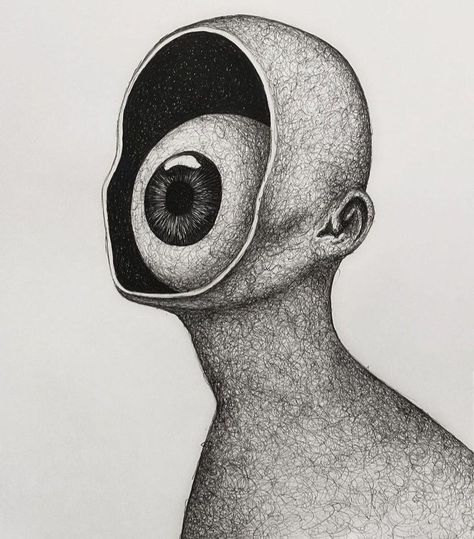 Realistic Surrealism Drawing, Black On White Drawing, Eye Surrealism Art, 2 Faces Drawing, Surrealism Easy, Creepy Line Art, Eye Reflection Drawing, Overthinker Art Drawing, Weird Art Drawings