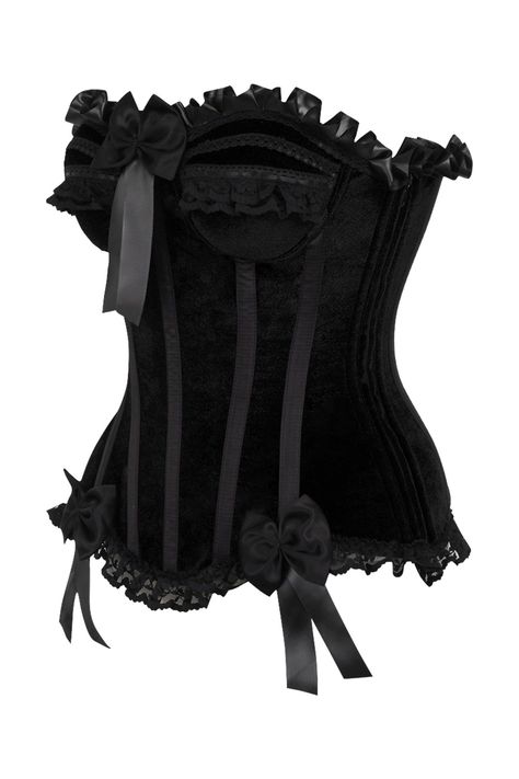 Fullbust corset made of premium velvet & lace fabric Hidden side zipper closure Underwire cups Spiral Steel boning throughout Flat steel boning in the back Lace-Up Back for cinching Dry Clean Only Victorian Widow, Corset Fits, Goth Tops, Burlesque Corset, Victorian Corset, Goth Clothes, Black Lace Corset, Corset Outfit, Waist Cincher Corset