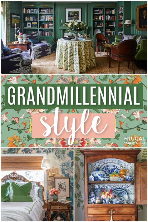 examples of grandmillennial style home decor including wallpapered china cabinent, grandmillennial bedroom and green grandmillenial library Grand Millennial Interior Design, Grandmillenial Decor Style, Grande Millenial Style, Modern Granny Chic Decor, Granny Chic Decor Vintage Homes, Granny Millenial Decor, Grandmillennial Style Bedroom, Millennial Grandma Decor, Southern Grandmillenial Style