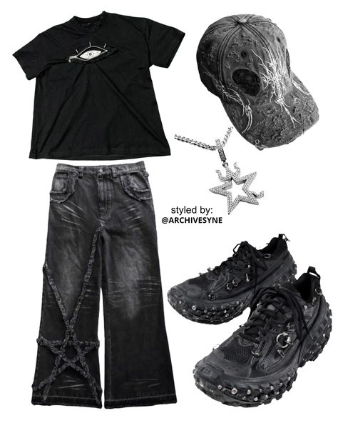 Tee: Monster Zip Eye Tee via @uniz.lab Pants: “star” pants @onlycurse Footwear: Bouncer Sneakers Hat: “ruin” hat via @onlycurse Necklace: DEMON STAR CHAIN GIVEAWAY via @synicalglobal Pants Aesthetic, Star Pants, Niche Memes, Star Chain, Virtual Stylist, Virtual Fashion, Fitness Inspo, Diy Clothes, Outfit Ideas