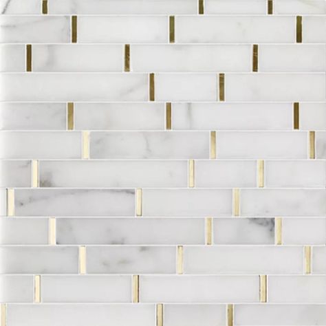 Sold Per Tile (1 Tile ≈ 0.84 Sq Ft) White Italian Calacatta marble with unstructured soft to deep grey/taupe/gold veining accentuated by gold color metal in an elegant linear strip waterjet mosaic tile. Random length long skinny subway tile backsplash. Luxury backsplash for kitchen or bathroom. Long skinny tile in white and gold. White and gold tile backsplash. Order 1 Tile for Material Sample SPECIFICATIONS TILE SIZE: 11 x 11 in., 10mm thick (Tile Calculator) SQUARE FOOT PER TILE: ≈ 0.84 sq. ft White Backsplash With Gold Accents, White And Gold Backsplash, Kitchen Gold Accents, Bar Accent Wall, White And Gold Tile, Gold Tile Backsplash, Redecorate Room, Bar Backsplash, Hastings House