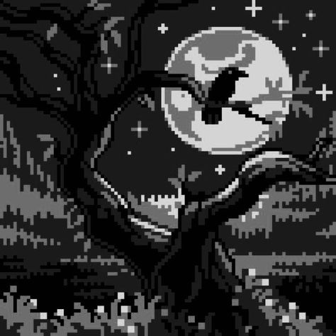 #aesthetic #aesthetictumblr #aestheticwallpaper #aestheticstyle #pixelart #pixel #pixelated #pixelartapp #witch #witchy #witchythings #witchyvibes #halloween #halloweenideas #digital #digitalart #1 #cute #art #artist #artwork Black And White Pixel Wallpaper, Pixel Pfp Black, Crow Pfp Aesthetic, Black And White Moon Aesthetic, Emo Black Aesthetic, Pixel Art Background Aesthetic, Pixel Art Black Background, Halloween Aesthetic Black And White, Grey Pixel Art