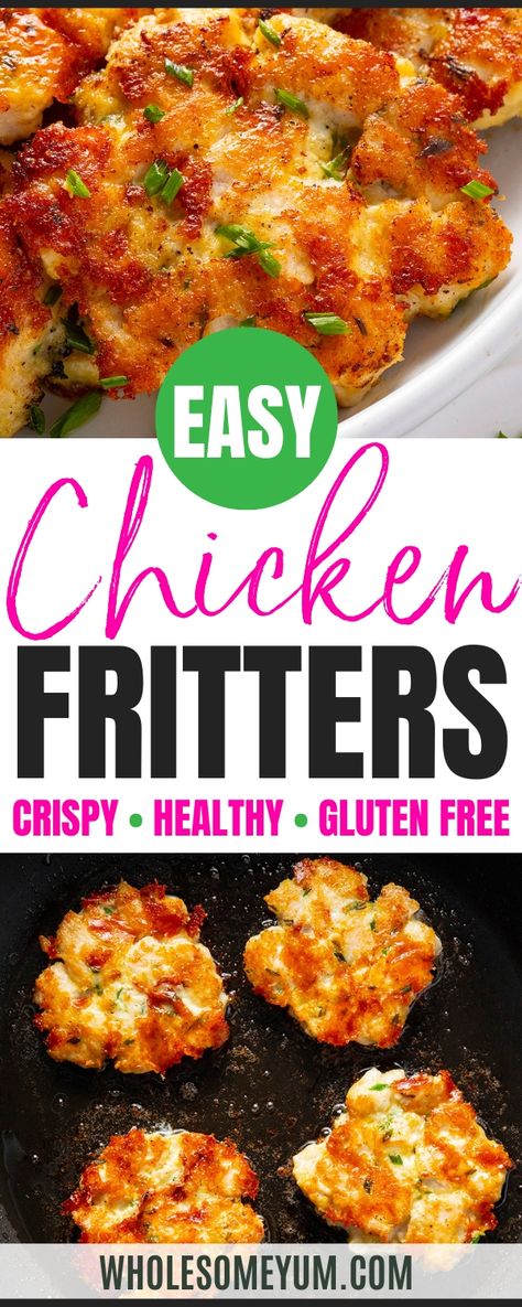 My cheesy chicken fritters recipe is crispy on the outside, juicy inside! They're easy to make, naturally low carb, and gluten-free. Crispy Chicken Patties, Chicken Patties Recipes, Keto Ground Chicken, Homemade Chicken Patties, Cheesy Chicken Fritters, Chicken Fritters Recipe, Cork House, Chicken Fritters, Wholesome Yum