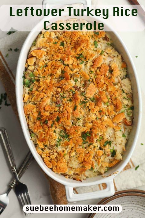 This Leftover Turkey Rice Casserole is a great way to use up holiday leftovers, and tastes amazing too. Make your own cream of chicken soup for a healthier creamy texture, and enjoy this delicious family favorite! Rice Turkey Casserole, Leftover Turkey Rice Casserole, Leftover Turkey And Rice Recipes, Turkey Rice Casserole Recipes, Turkey Broccoli Rice Casserole, Turkey Rice Recipes, Turkey And Rice Recipes, Turkey And Rice Casserole, Turkey Rice Casserole