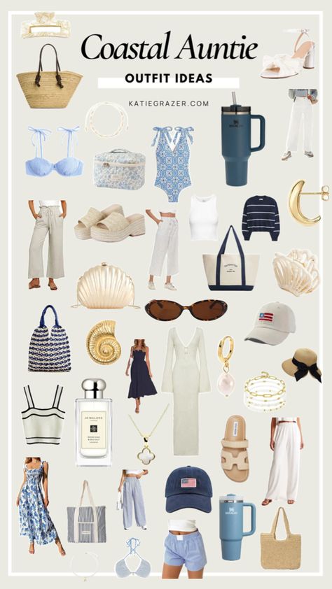 Costal Auntie Outfit Ideas / Coastal Granddaughter / Coastal Grandmother #coastal #coastalgrandma #coastalauntie #blue #white #outfit #outfitideas #style #summer Blue White Outfit, Granddaughter Coastal, Grandma Aesthetic, Nautical Accessories, Curated Outfit, Seaside Style, Coastal Granddaughter, Coastal Grandmother, White Outfit