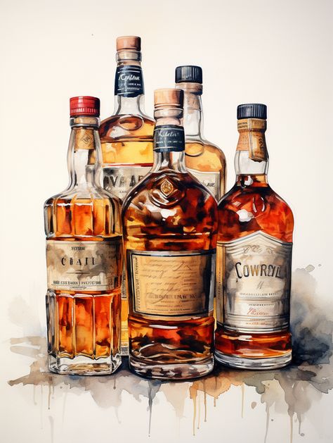 Whiskey Bottle Drawing, Whiskey Bottles, Whiskey Art, Bear Artwork, Bottle Drawing, Water Drawing, Surreal Artwork, Watercolor Paintings For Beginners, Still Life Drawing