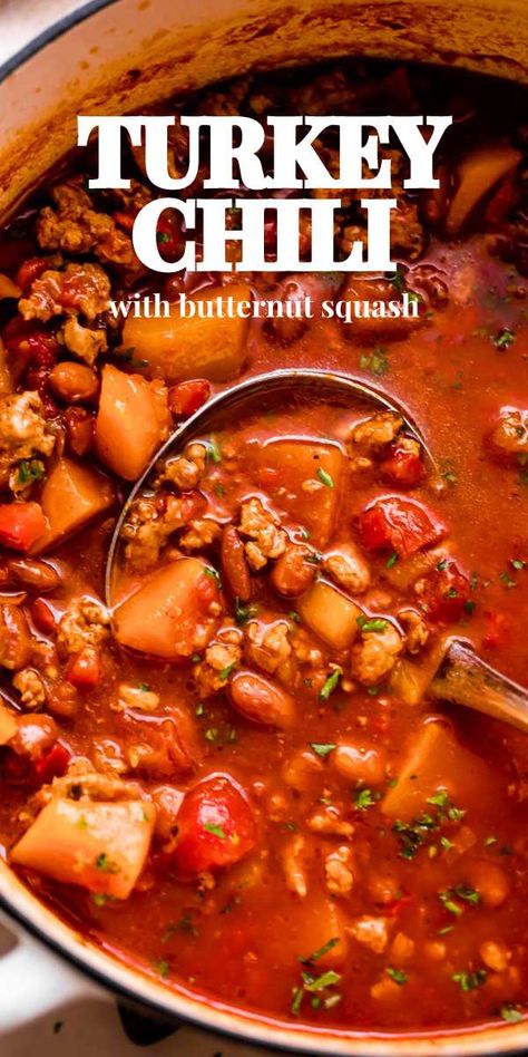 It's chili weather! This Turkey Chili is hearty and so, so delicious prepared with ground turkey, butternut squash, beans, spices, and tomatoes. Easy to make, wholesome, and ready in about an hour – the perfect one-pot meal! Turkey Chili Butternut Squash, Butternut Squash Turkey Chili, Ground Turkey And Butternut Squash, Turkey Butternut Squash Chili, Ground Turkey Butternut Squash, Butternut Squash Crockpot, Turkey Butternut Squash, Butternut Squash Chilli, Turkey Chili Recipe Easy