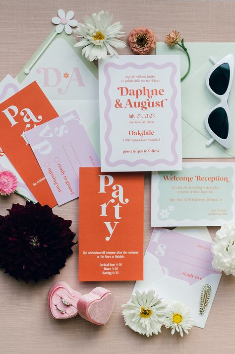 Custom Wedding Invitations, Invitation Suite, Wedding Invitations, Retro Wedding Invitations Colourful Wedding Invitations, Eclectic Wedding Invitations, Retro Wedding Inspiration, Invitation Suite Wedding, Retro Wedding Invitations, Colourful Wedding, Engagement Inspo, Bright Wedding, Wedding Suite