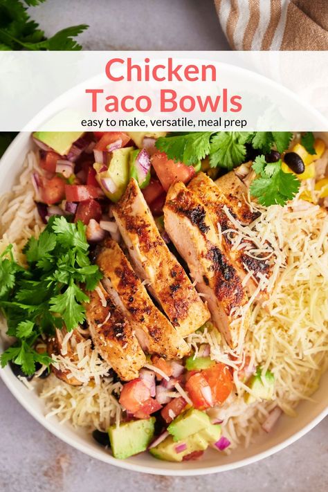 Chicken Tacos Bowls, Rice Noodle Bowls Healthy, Healthy Chicken Taco Bowl, Supper Bowls Recipes, Chicken Taco Bowls Healthy, Chicken Rice Bowls Healthy, Supper Bowls, Chicken Taco Bowl, Macro Bowls