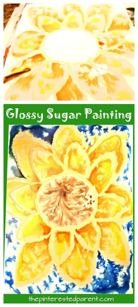 Glossy sugar painting sunflower for the fall - a beautiful painting technique. Kid's arts and crafts projects Sunflower Process Art Preschool, Sugar Painting, Different Painting Techniques, September Art, Salt Painting, Classroom Art Projects, Easy Fall Crafts, Unicorn Crafts, Kid Projects