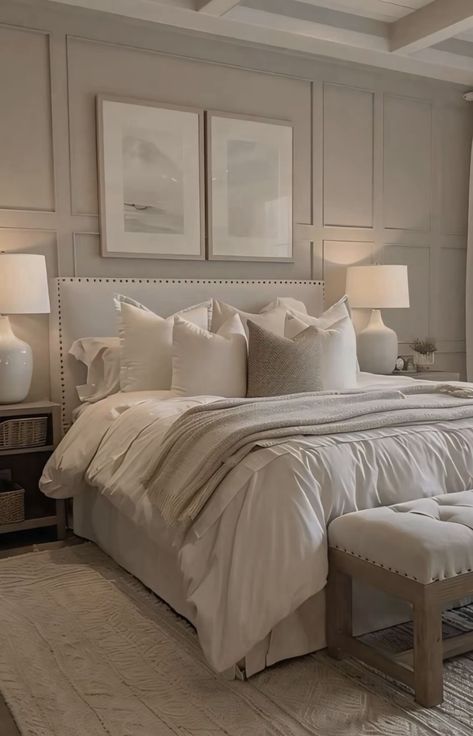 Best Master Bed Paint, Master Bedrooms Designer Luxury, Owners Retreat Bedrooms, Luxury Master Bedrooms Decor Elegant, Bedroom White Furniture Color Schemes, Cozy Cream Bedroom, Minimalist Master Room, Cozy Master Bedrooms Decor Modern, Small Elegant Bedroom