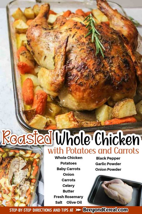 Chicken Roasted Vegetables, Sides For Roasted Chicken, Chicken Potatoes And Veggies, Chicken With Potatoes And Carrots, Roasted Chicken With Vegetables, Whole Chicken In Oven, Whole Chicken Recipes Oven, Roasted Chicken With Potatoes, Baked Whole Chicken Recipes