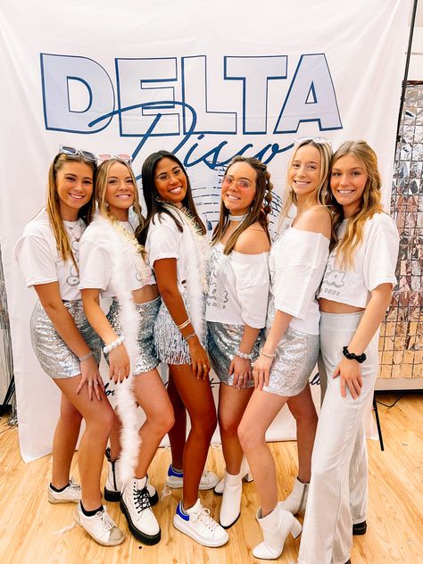 Welcome To The Disco Bid Day, Disco Sorority Theme, Disco Bid Day Theme, Disco Bid Day, Event Fits, Sorority Themes, Spring Recruitment, Disco Theme, Bid Day Themes